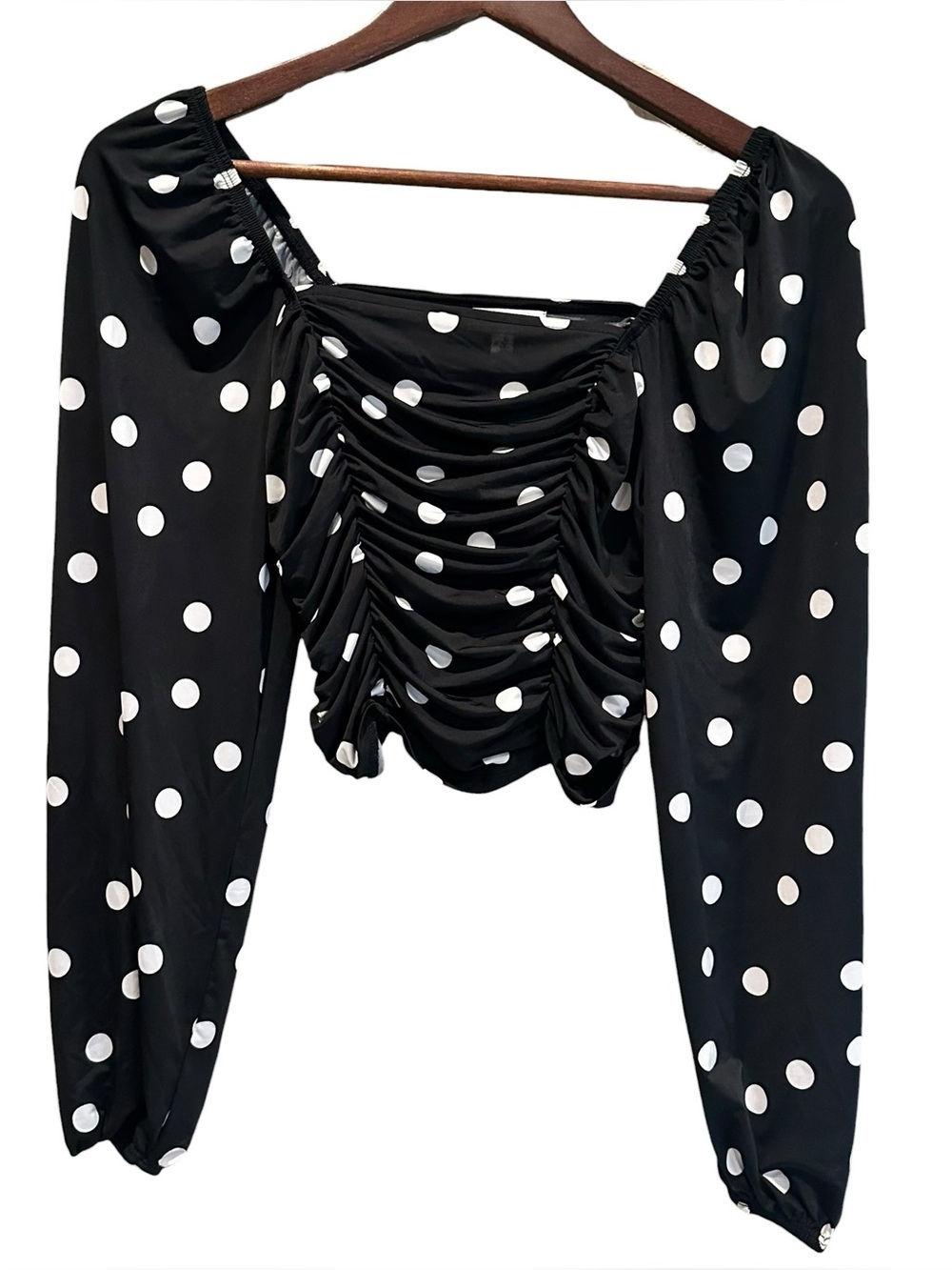 Abound Black And White Polka Dot Off-Shoulder Cropped Silky Blouse Size Small